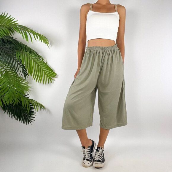 Vintage 90s Green Fairy Grunge Low Rise Boho Hippie Culottes Pants Capris / M/L - Picture 3 of 6